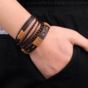 3/$35 Men's Leather Braided Boho Bracelet Set Adjustable Brown Wristband Stack